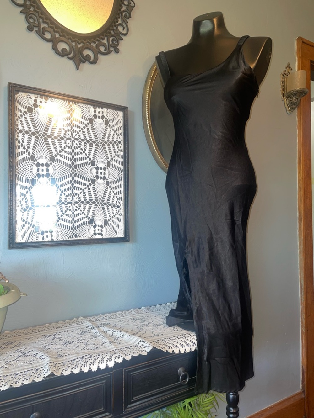 Charlie Holiday Black Satin One-Shoulder Midi Dress
